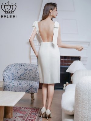 画像3: [送料無料][ERUKEI]ホワイト・ワインレッド・ネイビー・マスタード・ベージュ・肩リボン・タイト・背中あき・ミディアムドレス・ワンピース[即日発送][大きいサイズあり]