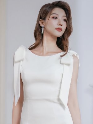 画像4: [送料無料][ERUKEI]ホワイト・ワインレッド・ネイビー・マスタード・ベージュ・肩リボン・タイト・背中あき・ミディアムドレス・ワンピース[即日発送][大きいサイズあり]