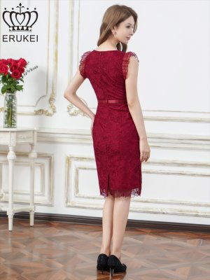 画像3: [送料無料][ERUKEI]ピンク・ブルー・ワインレッド・総レース・Vネック・フレンチ・フリルスリーブ・タイト・ミディアムドレス・ワンピース[即日発送][大きいサイズあり]