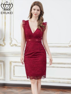 画像5: [送料無料][ERUKEI]ピンク・ブルー・ワインレッド・総レース・Vネック・フレンチ・フリルスリーブ・タイト・ミディアムドレス・ワンピース[即日発送][大きいサイズあり]