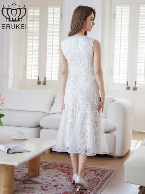 画像9: [送料無料][ERUKEI]ブラック・ホワイト・ピンクノースリーブ・レース・Vネック・切替・Aライン・ミディアムドレス・ワンピース[即日発送][大きいサイズあり]