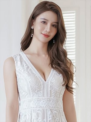 画像10: [送料無料][ERUKEI]ブラック・ホワイト・ピンクノースリーブ・レース・Vネック・切替・Aライン・ミディアムドレス・ワンピース[即日発送][大きいサイズあり]