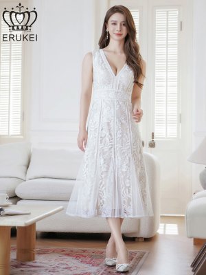 画像11: [送料無料][ERUKEI]ブラック・ホワイト・ピンクノースリーブ・レース・Vネック・切替・Aライン・ミディアムドレス・ワンピース[即日発送][大きいサイズあり]