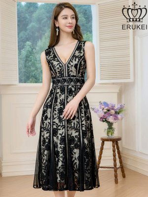 画像6: [送料無料][ERUKEI]ブラック・ホワイト・ピンクノースリーブ・レース・Vネック・切替・Aライン・ミディアムドレス・ワンピース[即日発送][大きいサイズあり]