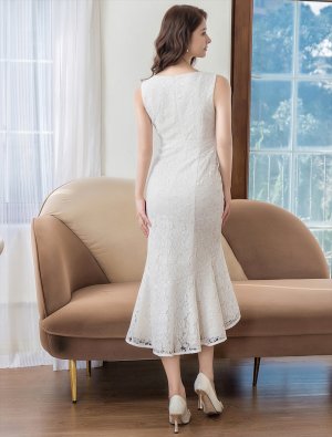 画像15: [送料無料][ERUKEI]ネイビー・ブルー・ホワイト・ピンク・総レース・ノースリーブ・マーメイド・ミディアムドレス・ワンピース[即日発送][大きいサイズあり]