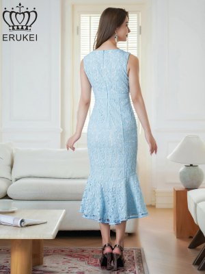画像9: [送料無料][ERUKEI]ネイビー・ブルー・ホワイト・ピンク・総レース・ノースリーブ・マーメイド・ミディアムドレス・ワンピース[即日発送][大きいサイズあり]