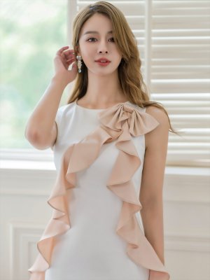 画像4: [送料無料][ERUKEI]ホワイト×ベージュ・ブラック×グレー・バイカラー・リボン・フリル・ノースリーブ・タイト・ミディアムドレス・ワンピース[即日発送][大きいサイズあり]