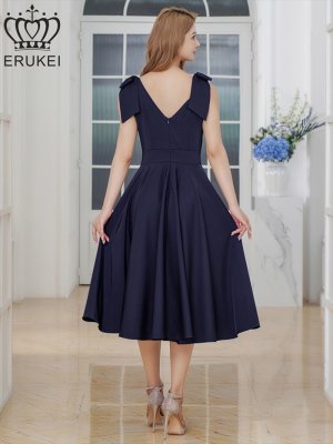 画像15: [送料無料][ERUKEI]ワインレッド・ホワイト・ネイビー・リボン・ノースリーブ・Vネック・ハイウエスト・Aライン・ミディアムドレス・ワンピース[即日発送][大きいサイズあり]