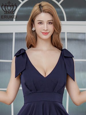 画像16: [送料無料][ERUKEI]ワインレッド・ホワイト・ネイビー・リボン・ノースリーブ・Vネック・ハイウエスト・Aライン・ミディアムドレス・ワンピース[即日発送][大きいサイズあり]