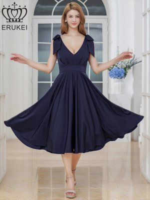 画像17: [送料無料][ERUKEI]ワインレッド・ホワイト・ネイビー・リボン・ノースリーブ・Vネック・ハイウエスト・Aライン・ミディアムドレス・ワンピース[即日発送][大きいサイズあり]