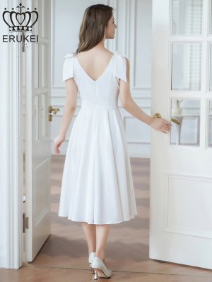 画像9: [送料無料][ERUKEI]ワインレッド・ホワイト・ネイビー・リボン・ノースリーブ・Vネック・ハイウエスト・Aライン・ミディアムドレス・ワンピース[即日発送][大きいサイズあり]