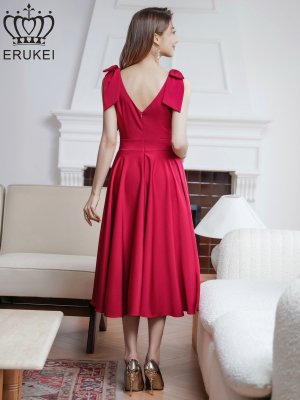 画像3: [送料無料][ERUKEI]ワインレッド・ホワイト・ネイビー・リボン・ノースリーブ・Vネック・ハイウエスト・Aライン・ミディアムドレス・ワンピース[即日発送][大きいサイズあり]
