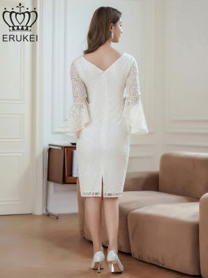 画像3: [送料無料][ERUKEI]ホワイト・総レース・スパンコール・タイト・Vネック・７分袖・フリルスリーブ・タイト・ミディアムドレス・ワンピース[即日発送][大きいサイズあり]