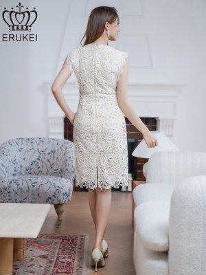 画像3: [送料無料][ERUKEI]ホワイト・総レース・フラワーレース・ノースリーブ・タイト・ミディアムドレス・ワンピース[即日発送][大きいサイズあり]