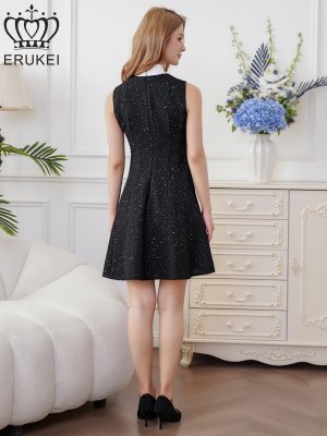 画像3: [送料無料][ERUKEI]ブラック・バイカラー・ノースリーブ・プチハイネック・リボン・Aライン・ミニドレス・ワンピース[即日発送][大きいサイズあり]