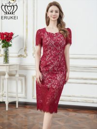 [送料無料][ERUKEI]ワインレッド・ホワイト・ベージュ・ブルー・ブラック・ラメ・レース・ビジューボタン・半袖・タイト・スリット・ミディアムドレス・ワンピース[即日発送][大きいサイズあり]