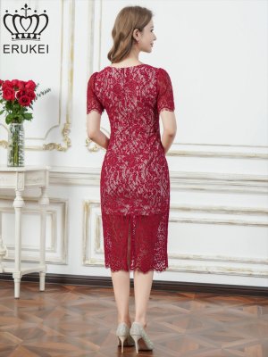画像3: [送料無料][ERUKEI]ワインレッド・ホワイト・ベージュ・ブルー・ブラック・ラメ・レース・ビジューボタン・半袖・タイト・スリット・ミディアムドレス・ワンピース[即日発送][大きいサイズあり]
