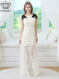 [送料無料][ERUKEI]]ホワイト×ブラック・レース・リボン・ノースリーブ・シアー・インナーミニ・マキシ丈・セミフレア・ロングドレス[即日発送][大きいサイズあり]