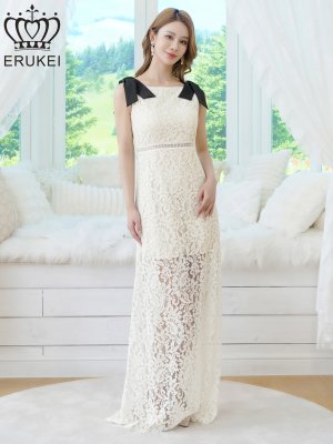 画像2: [送料無料][ERUKEI]]ホワイト×ブラック・レース・リボン・ノースリーブ・シアー・インナーミニ・マキシ丈・セミフレア・ロングドレス[即日発送][大きいサイズあり]