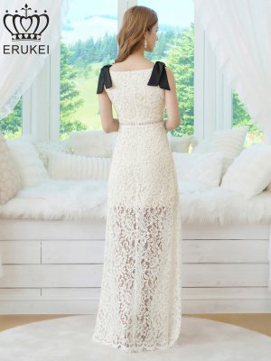 画像3: [送料無料][ERUKEI]]ホワイト×ブラック・レース・リボン・ノースリーブ・シアー・インナーミニ・マキシ丈・セミフレア・ロングドレス[即日発送][大きいサイズあり]