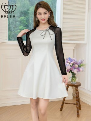 画像6: [送料無料][ERUKEI]ホワイト×ブラック・バイカラー・サテン・チュールネット・ラインストーン・長袖・Aライン・ミニドレス・ワンピース[即日発送][大きいサイズあり]