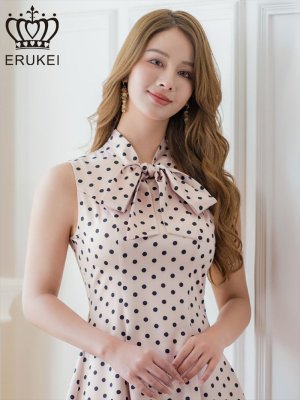 画像4: [送料無料][ERUKEI]ピンク×ブラック・ドット・ノースリーブ・プチハイネック・リボン・Aライン・ミニドレス・ワンピース[即日発送][大きいサイズあり]