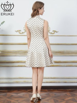 画像3: [送料無料][ERUKEI]アイボリー×ブラック・ピンク×ブラック・ドット・ノースリーブ・プチハイネック・リボン・Aライン・ミニドレス・ワンピース[即日発送][大きいサイズあり]