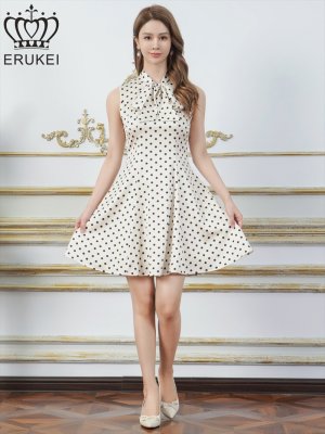 画像5: [送料無料][ERUKEI]アイボリー×ブラック・ピンク×ブラック・ドット・ノースリーブ・プチハイネック・リボン・Aライン・ミニドレス・ワンピース[即日発送][大きいサイズあり]