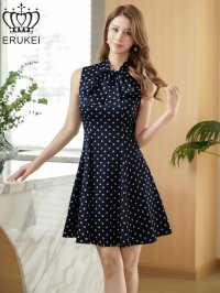 [送料無料][ERUKEI]ネイビー×ホワイト・アイボリー×ブラック・ピンク×ブラック・ドット・ノースリーブ・プチハイネック・リボン・Aライン・ミニドレス・ワンピース[即日発送][大きいサイズあり]