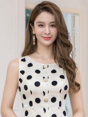 画像10: [送料無料][ERUKEI]ブラック×ベージュ・ベージュ×ブラック・サテンジャガード・花柄・ドット・プリント・ノースリーブ・裾プリーツ・Aライン・ミニドレス・ワンピース[即日発送][大きいサイズあり]