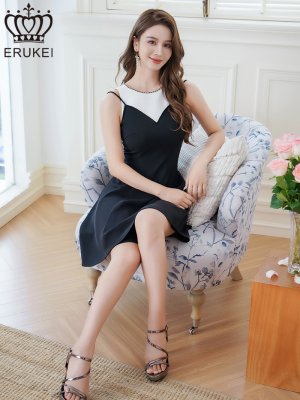 画像6: [送料無料][ERUKEI]ホワイト×ブラック・バイカラー・チェーンパイピング・レイヤード風・ノースリーブ・Aライン・フレア・ミニドレス・ワンピース[即日発送][大きいサイズあり]