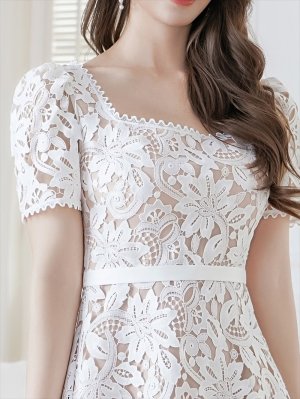 画像4: [送料無料][ERUKEI]ホワイト・スクエアネック・総レース・パワーショルダー・半袖・Aライン・ミニドレス・ワンピース[即日発送][大きいサイズあり]