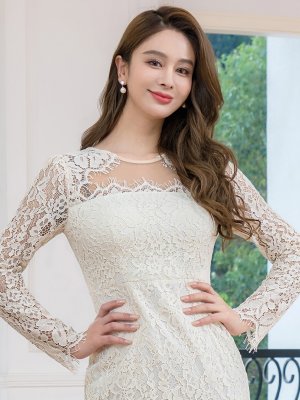 画像4: [送料無料][ERUKEI]アイボリー・総レース・シアー・ロングスリーブ・長袖・タイト・ミディアムドレス・ワンピース[即日発送][大きいサイズあり]