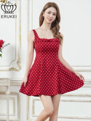 画像7: [送料無料][ERUKEI]アンゴラレッド・レッド×ホワイト・アイボリー×ブラック・ピンク×ブラック・ネイビー×ホワイト・ドット・ワンカラー・サテン・ノースリーブ・リボン・フレア・Aライン・ミニドレス・ワンピース[即日発送][大きいサイズあり]