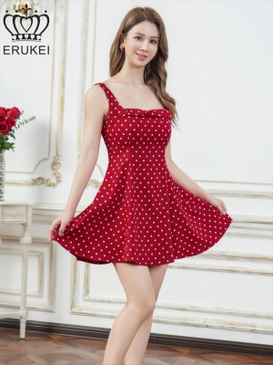 画像8: [送料無料][ERUKEI]アンゴラレッド・レッド×ホワイト・アイボリー×ブラック・ピンク×ブラック・ネイビー×ホワイト・ドット・ワンカラー・サテン・ノースリーブ・リボン・フレア・Aライン・ミニドレス・ワンピース[即日発送][大きいサイズあり]