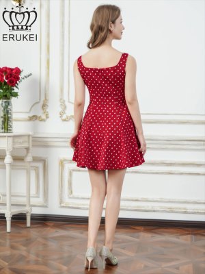 画像9: [送料無料][ERUKEI]アンゴラレッド・レッド×ホワイト・アイボリー×ブラック・ピンク×ブラック・ネイビー×ホワイト・ドット・ワンカラー・サテン・ノースリーブ・リボン・フレア・Aライン・ミニドレス・ワンピース[即日発送][大きいサイズあり]