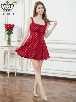 画像11: [送料無料][ERUKEI]アンゴラレッド・レッド×ホワイト・アイボリー×ブラック・ピンク×ブラック・ネイビー×ホワイト・ドット・ワンカラー・サテン・ノースリーブ・リボン・フレア・Aライン・ミニドレス・ワンピース[即日発送][大きいサイズあり]