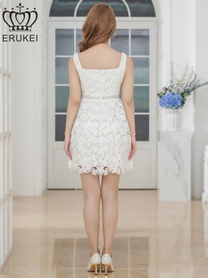 画像9: [送料無料][ERUKEI]イエロー・ホワイト・ケミカルレース・ビジューボタン・スクエアネック・ノースリーブ・ティアード・Aライン・ミニドレス・ワンピース[即日発送][大きいサイズあり]