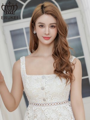 画像10: [送料無料][ERUKEI]イエロー・ホワイト・ケミカルレース・ビジューボタン・スクエアネック・ノースリーブ・ティアード・Aライン・ミニドレス・ワンピース[即日発送][大きいサイズあり]