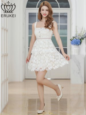 画像11: [送料無料][ERUKEI]イエロー・ホワイト・ケミカルレース・ビジューボタン・スクエアネック・ノースリーブ・ティアード・Aライン・ミニドレス・ワンピース[即日発送][大きいサイズあり]