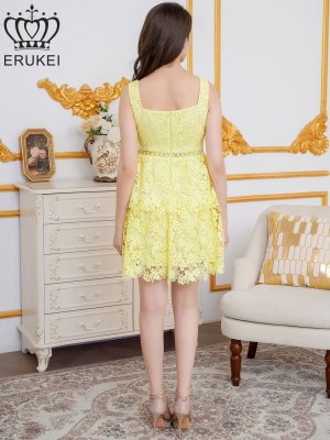 画像3: [送料無料][ERUKEI]イエロー・ホワイト・ケミカルレース・ビジューボタン・スクエアネック・ノースリーブ・ティアード・Aライン・ミニドレス・ワンピース[即日発送][大きいサイズあり]