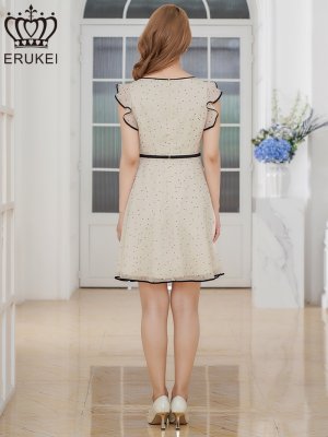 画像3: [送料無料][ERUKEI]ベージュ×ブラック・フリルスリーブ・ドット・ランダムドット・シフォン・パイピング・切替・Aライン・フレア・ミニドレス・ワンピース[即日発送][大きいサイズあり]