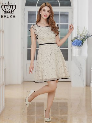 画像5: [送料無料][ERUKEI]ベージュ×ブラック・フリルスリーブ・ドット・ランダムドット・シフォン・パイピング・切替・Aライン・フレア・ミニドレス・ワンピース[即日発送][大きいサイズあり]