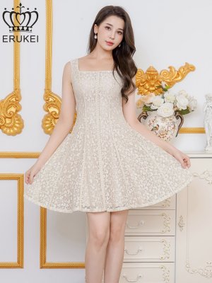 画像5: [送料無料][ERUKEI]ベージュ・総レース・金糸・レザー・レースアップ・ノースリーブ・切替・Aライン・ミニドレス・ワンピース[即日発送][大きいサイズあり]