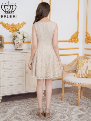 画像3: [送料無料][ERUKEI]ベージュ・総レース・金糸・レザー・レースアップ・ノースリーブ・切替・Aライン・ミニドレス・ワンピース[即日発送][大きいサイズあり]