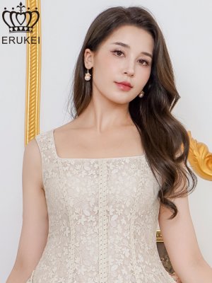 画像4: [送料無料][ERUKEI]ベージュ・総レース・金糸・レザー・レースアップ・ノースリーブ・切替・Aライン・ミニドレス・ワンピース[即日発送][大きいサイズあり]