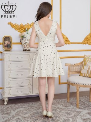 画像3: [送料無料][ERUKEI]アイボリー×ブラック・リボン柄・プリント・ノースリーブ・肩リボン・Aライン・フレア・ミニドレス・ワンピース[即日発送][大きいサイズあり]