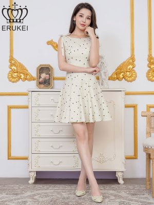 画像5: [送料無料][ERUKEI]アイボリー×ブラック・リボン柄・プリント・ノースリーブ・肩リボン・Aライン・フレア・ミニドレス・ワンピース[即日発送][大きいサイズあり]