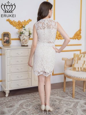 画像3: [送料無料][ERUKEI]ホワイト・総レース・ケミカルレース・ビジューボタン・ノースリーブ・タイト・ミニドレス・ワンピース[即日発送][大きいサイズあり]