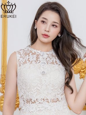 画像4: [送料無料][ERUKEI]ホワイト・総レース・ケミカルレース・ビジューボタン・ノースリーブ・タイト・ミニドレス・ワンピース[即日発送][大きいサイズあり]